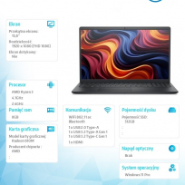 Laptop Dell 15 DC15255 15.6 FHD Ryzen 3-7320U 8GB 512GB SSD AMD Radeon 610M BK W11P 3YPS Carbon Black